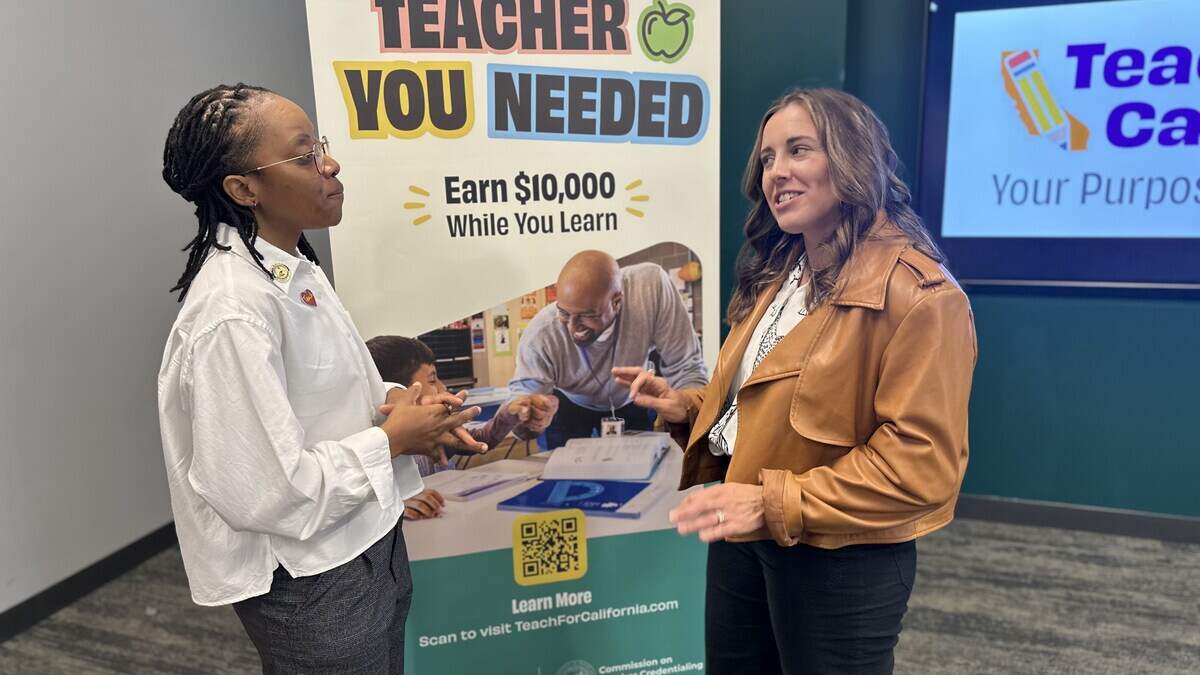 Sharnell Martin, a student teacher at Martin Luther King Jr. Elementary School in Sacramento, speaks with her professor Laura Twitchell Hatheway at a launch event for a new statewide student teacher stipend program at Sacramento State on Oct. 13, 2026. Sharnell Martin, a student teacher at Martin Luther King Jr. Elementary School in Sacramento, speaks with her professor Laura Twitchell Hatheway at a launch event for a new statewide student teacher stipend program at Sacramento State on Oct. 13, 2026.